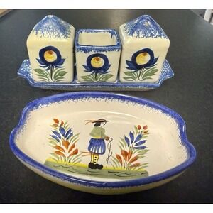 Vintage 1982 Henriot Quimper France Condiment Set Salt Pepper Tray Dish